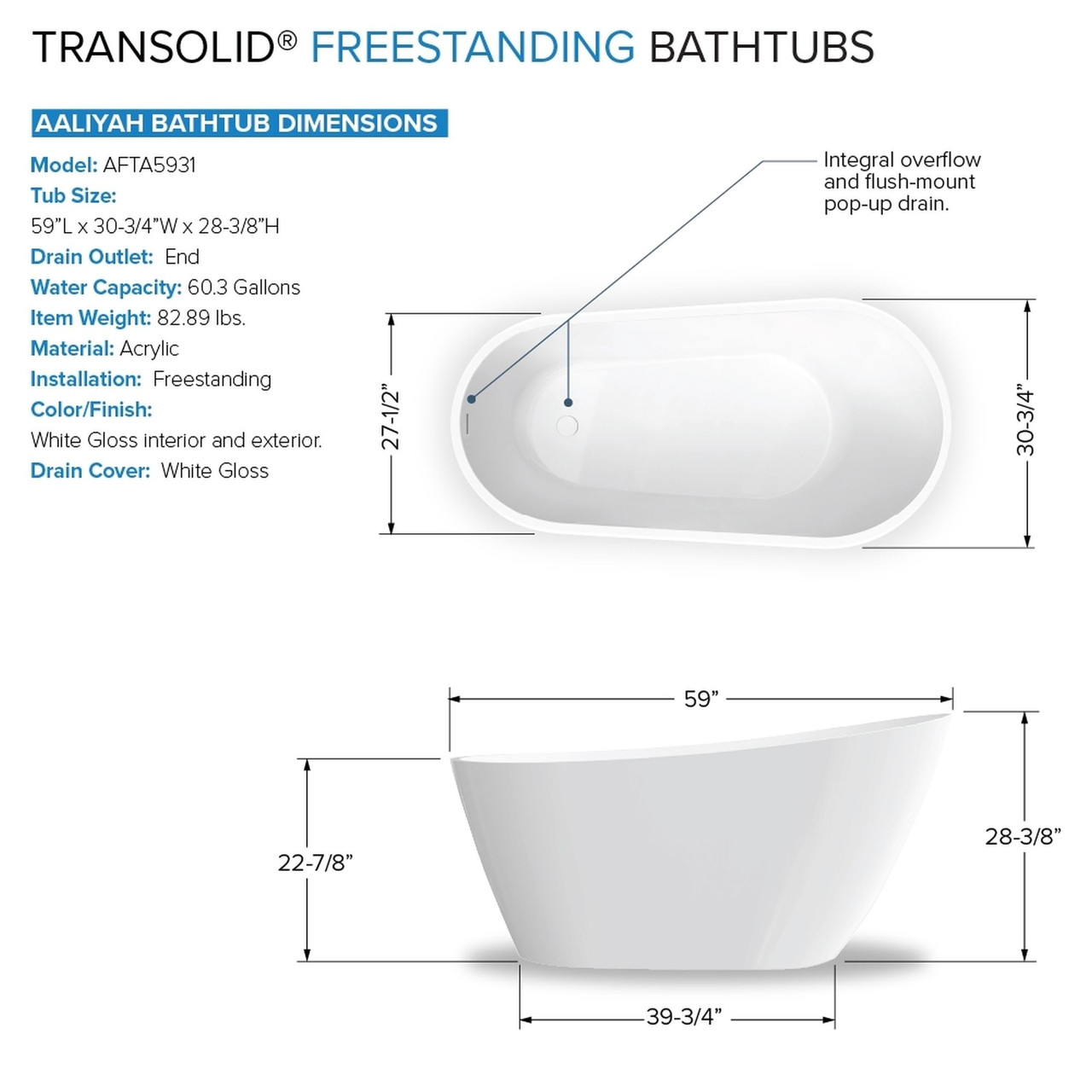 Transolid KF-AFTA5931-G31MB Aaliyah 59-in x 31-in x 28-in Freestanding Acrylic Bathtub Kit With End Drain, Bath Pillow And Matte Black Tub Filler, White (Gloss)