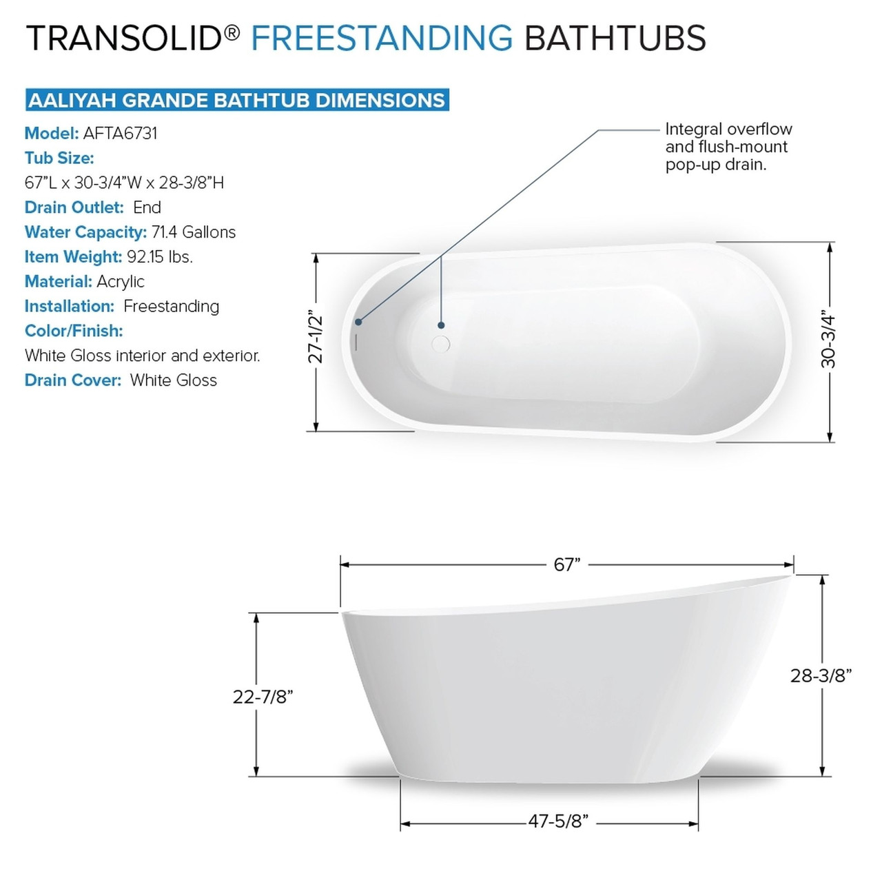 Transolid KF-AFTA6731-G31MB Aaliyah Grande 67-in x 31-in x 28-in Freestanding Acrylic Bathtub Kit With End Drain, Bath Pillow And Matte Black Tub Filler, White (Gloss)