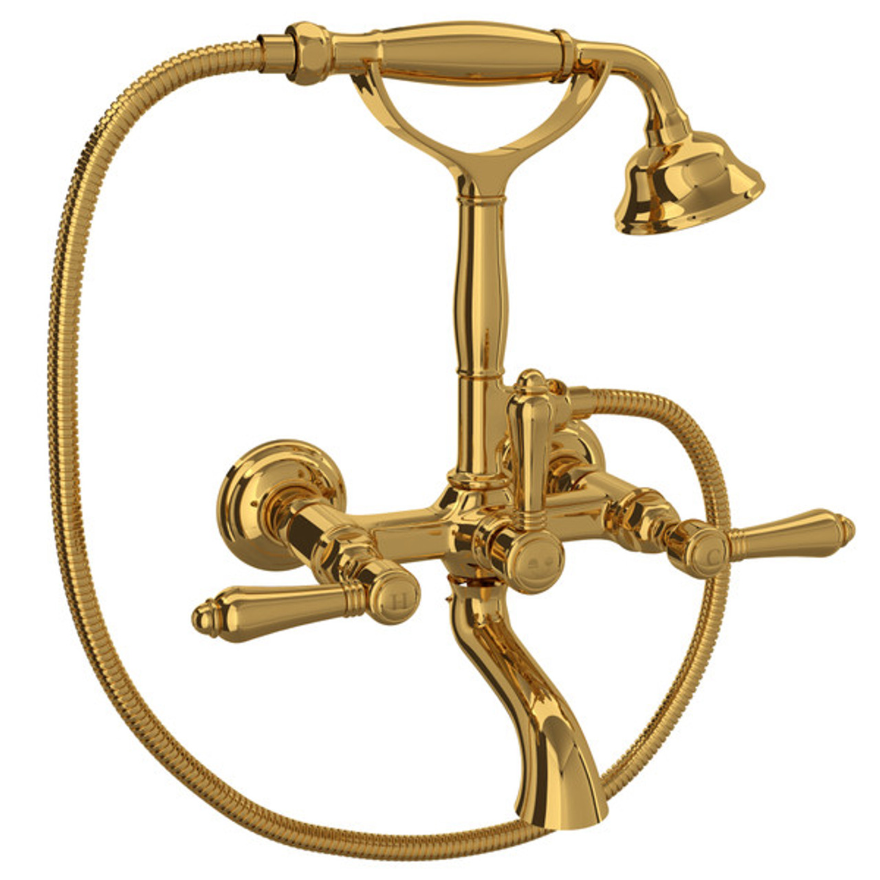 Rohl A1401LMULB Exposed Wall Mount Tub Filler with Handshower and Metal Lever Handle, Unlacquered Brass