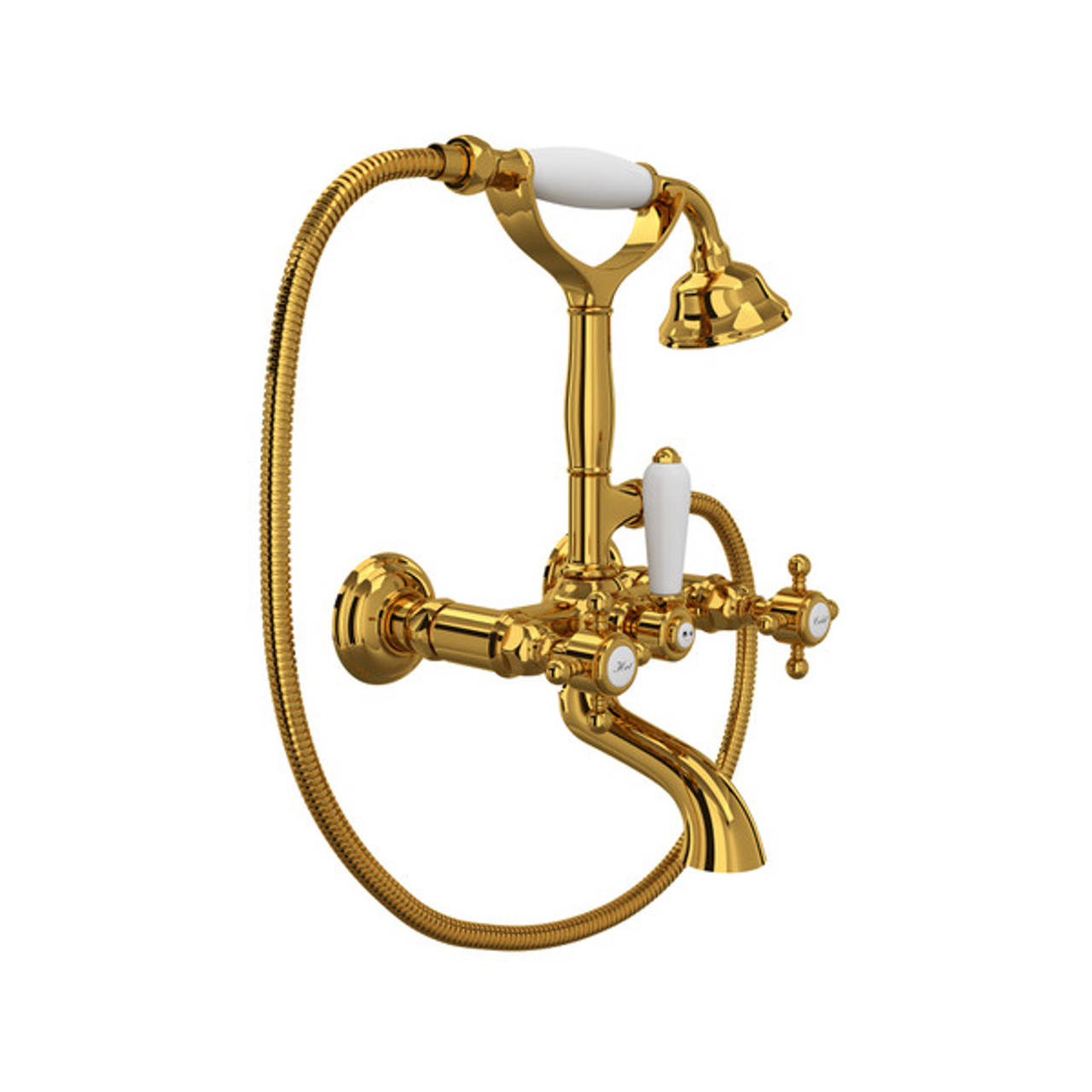 Rohl A1401XMULB Exposed Wall Mount Tub Filler with Handshower and Cross Handle, Unlacquered Brass