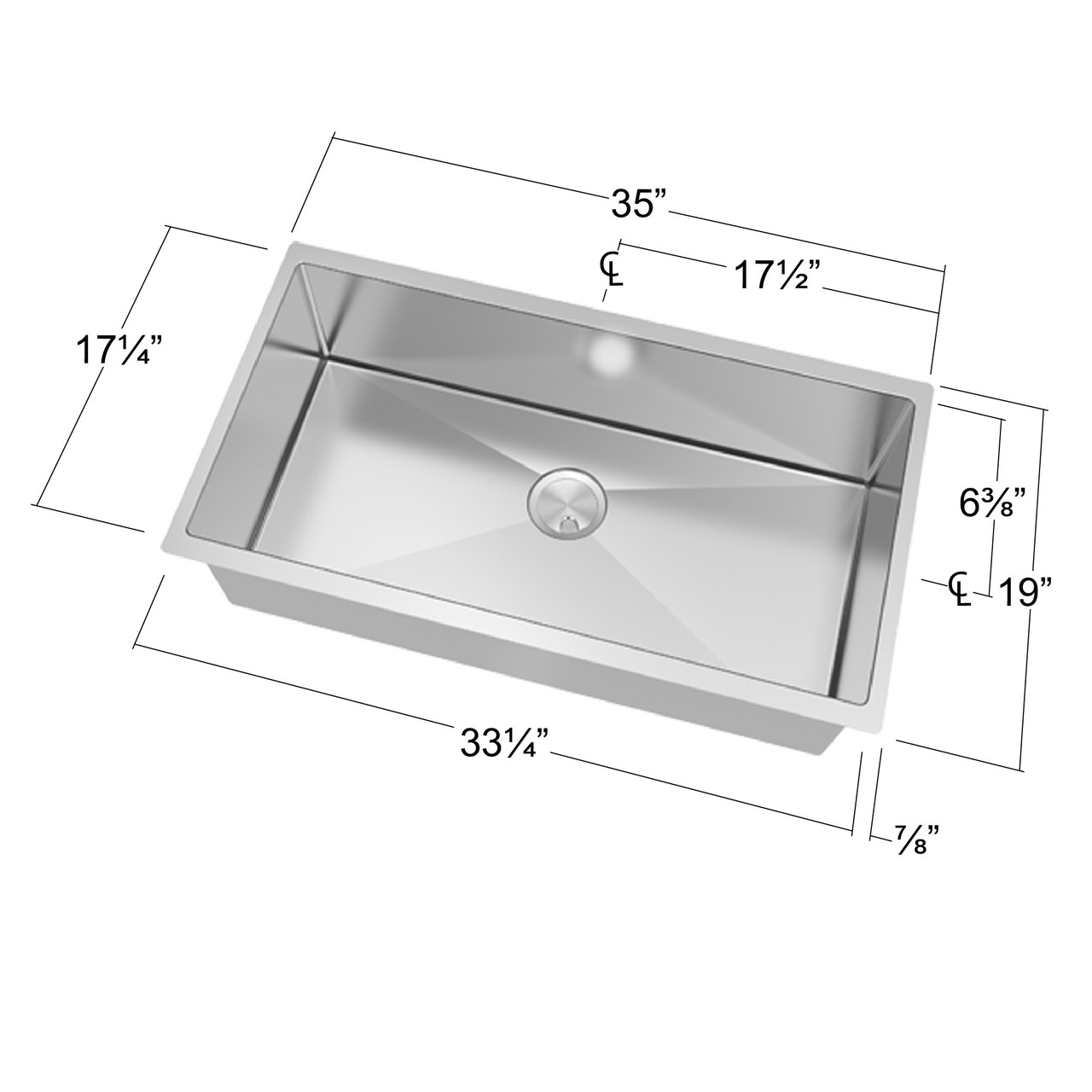 16 Gauge Super Single Undermount Stainless Steel Sink Bowl 35" X 19" X 10"