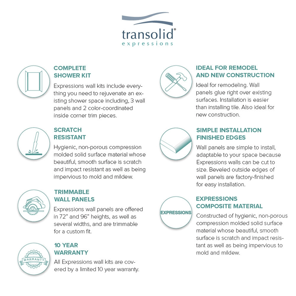 Transolid EWK603696-31 Expressions 36" X 60" X 96" 3-Piece Tub/Shower Wall Kit, In White