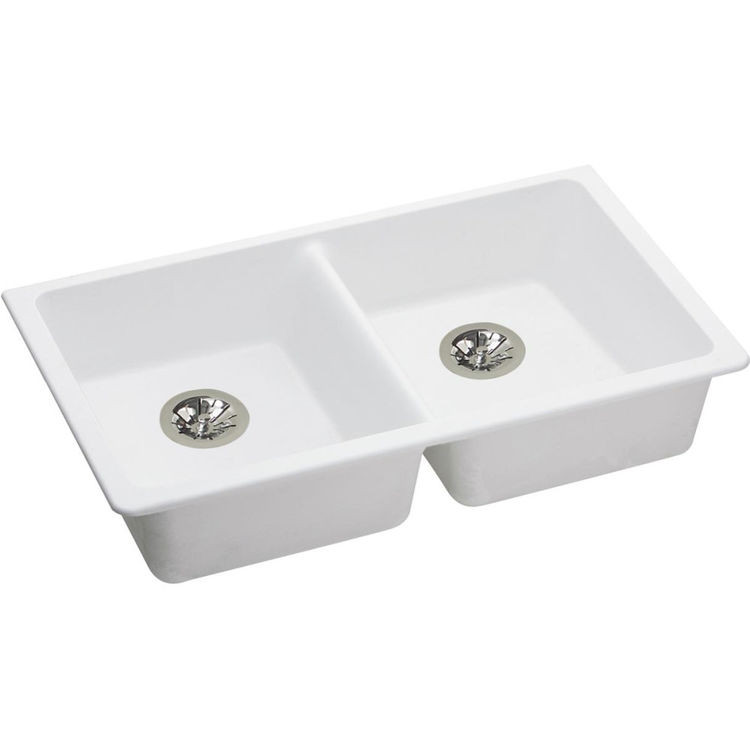 33" x 18-1/2" x 5-1/2" Quartz Double Bowl Undermount ADA Sink with Perfect Drain in White