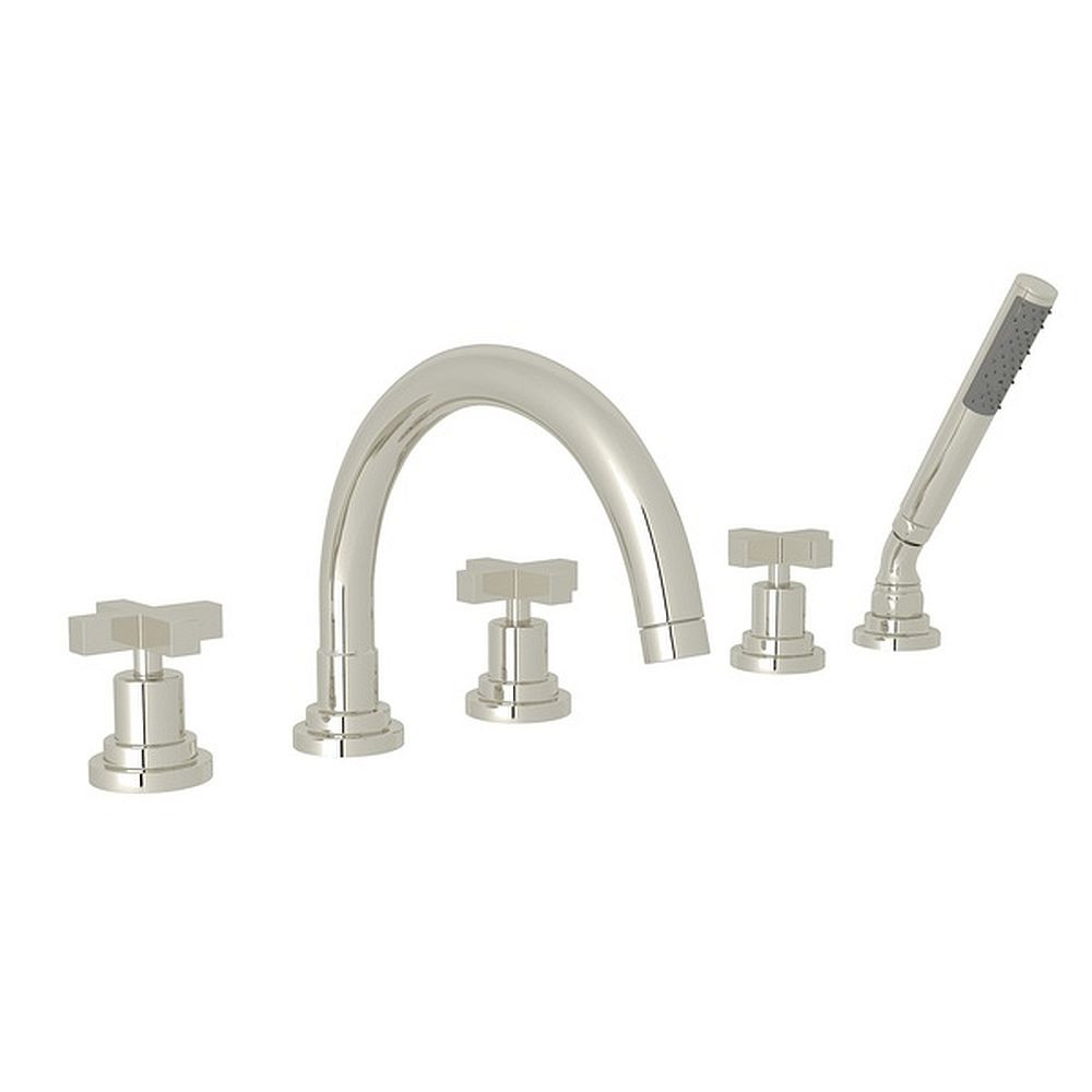 5-Hole Deck Mount Tub Filler with Cross Handle C-Spout in Polished Nickel