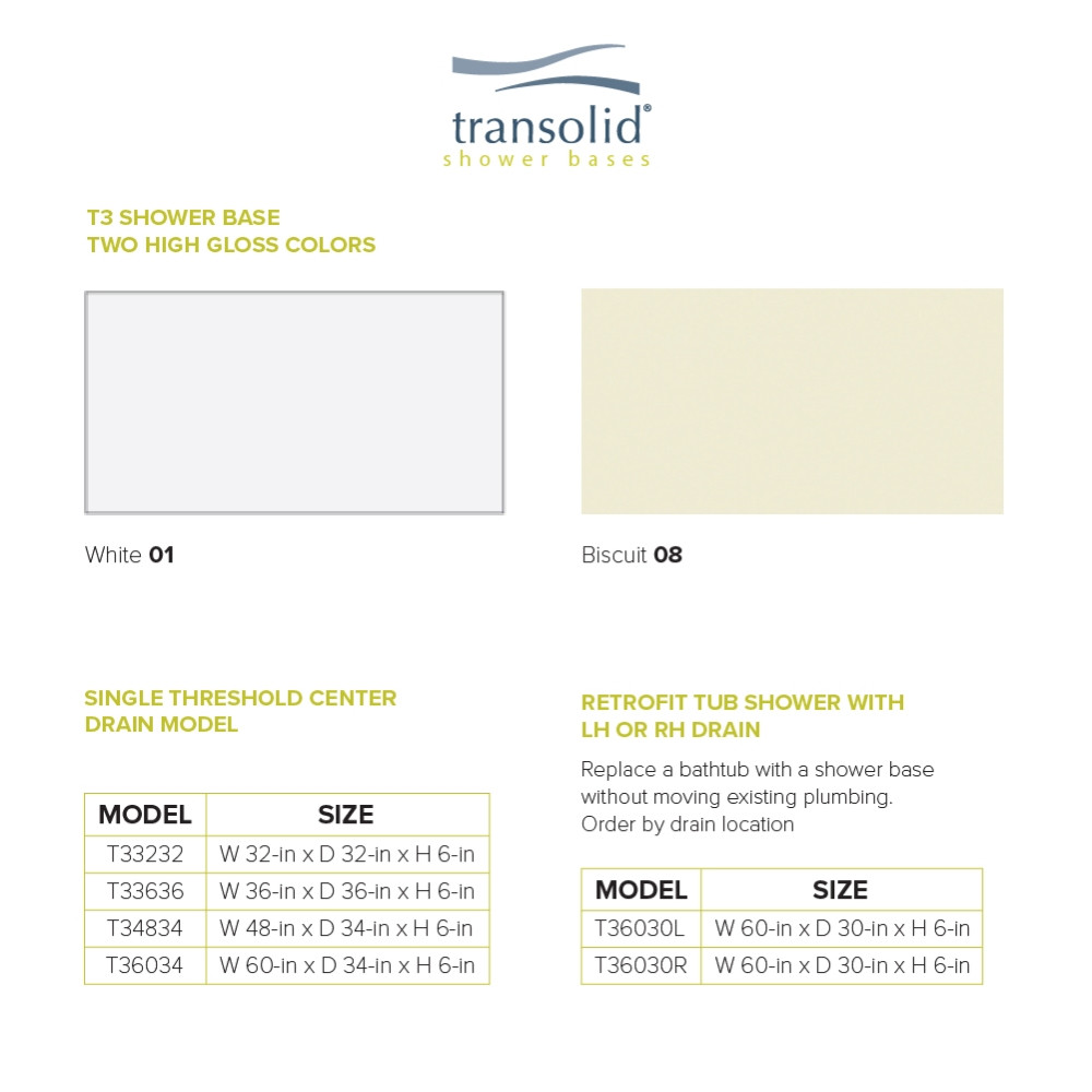 36 x 36 Single Threshold Shower Base with Center Drain in White