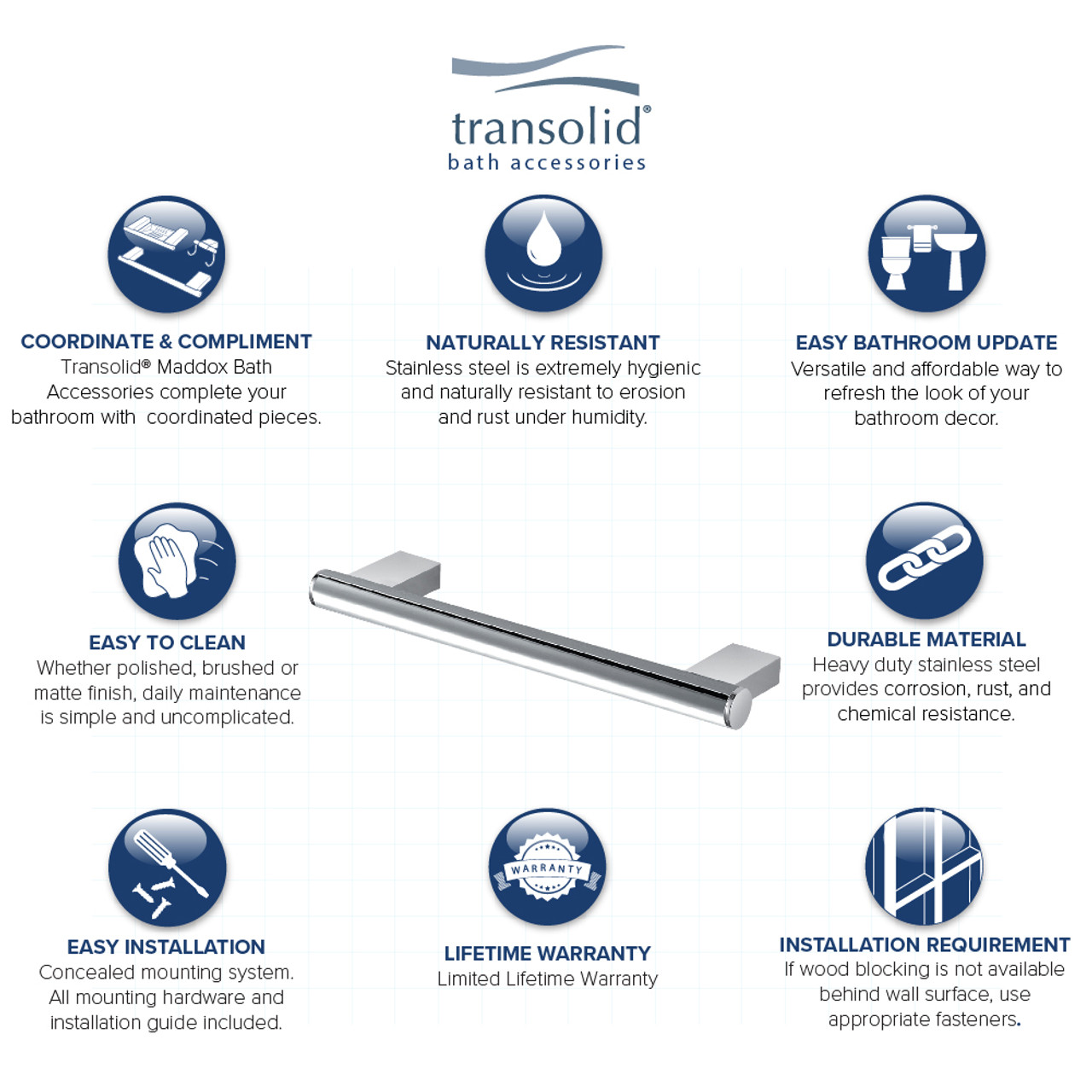 Transolid MS16PC 16-inch Grab Bar, In Polished Chrome