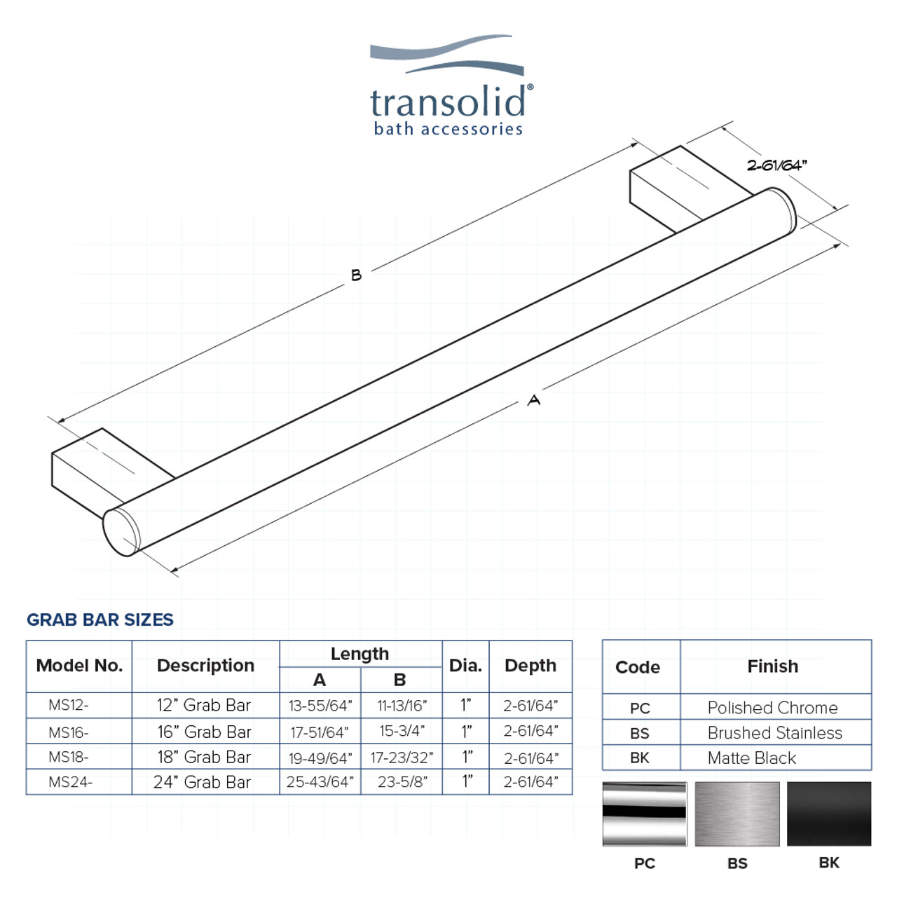 Transolid MS24MB 24-inch Grab Bar, In Black