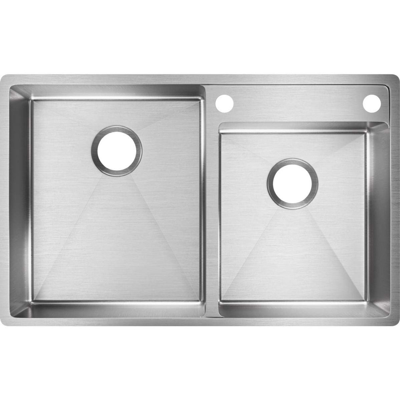 32-1/2" x 20-1/2" x 9" 18 Gauge Stainless Steel Offset Double Bowl Undermount Sink with Right Lowered Water Deck and S2 Faucet Holes in Polished Satin
