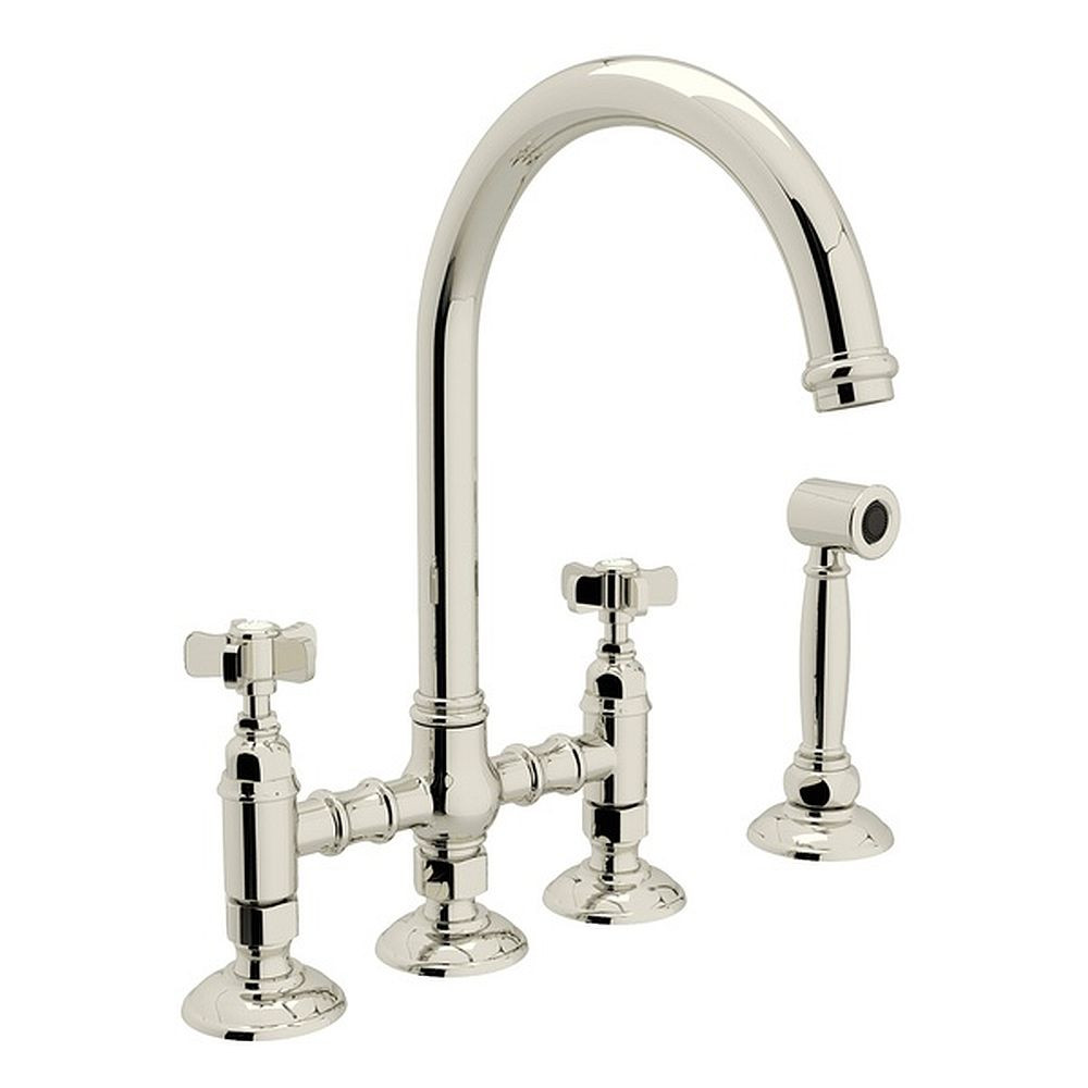 Deck Mount C-Spout 3 Leg Bridge Kitchen Faucet With Sidespray And Five Spoke Handles Sidespray In Polished Nickel