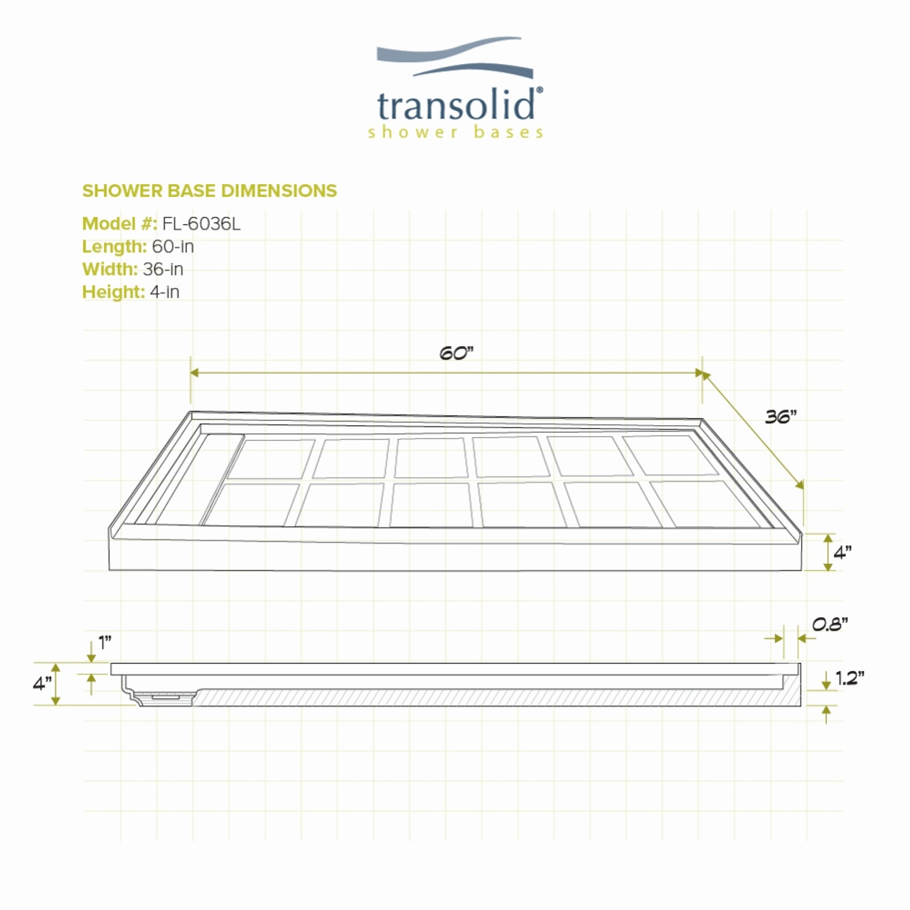 Transolid Linear 60" x 36" Single Threshold Left Hand Concealed End Drain Shower Base In Grey
