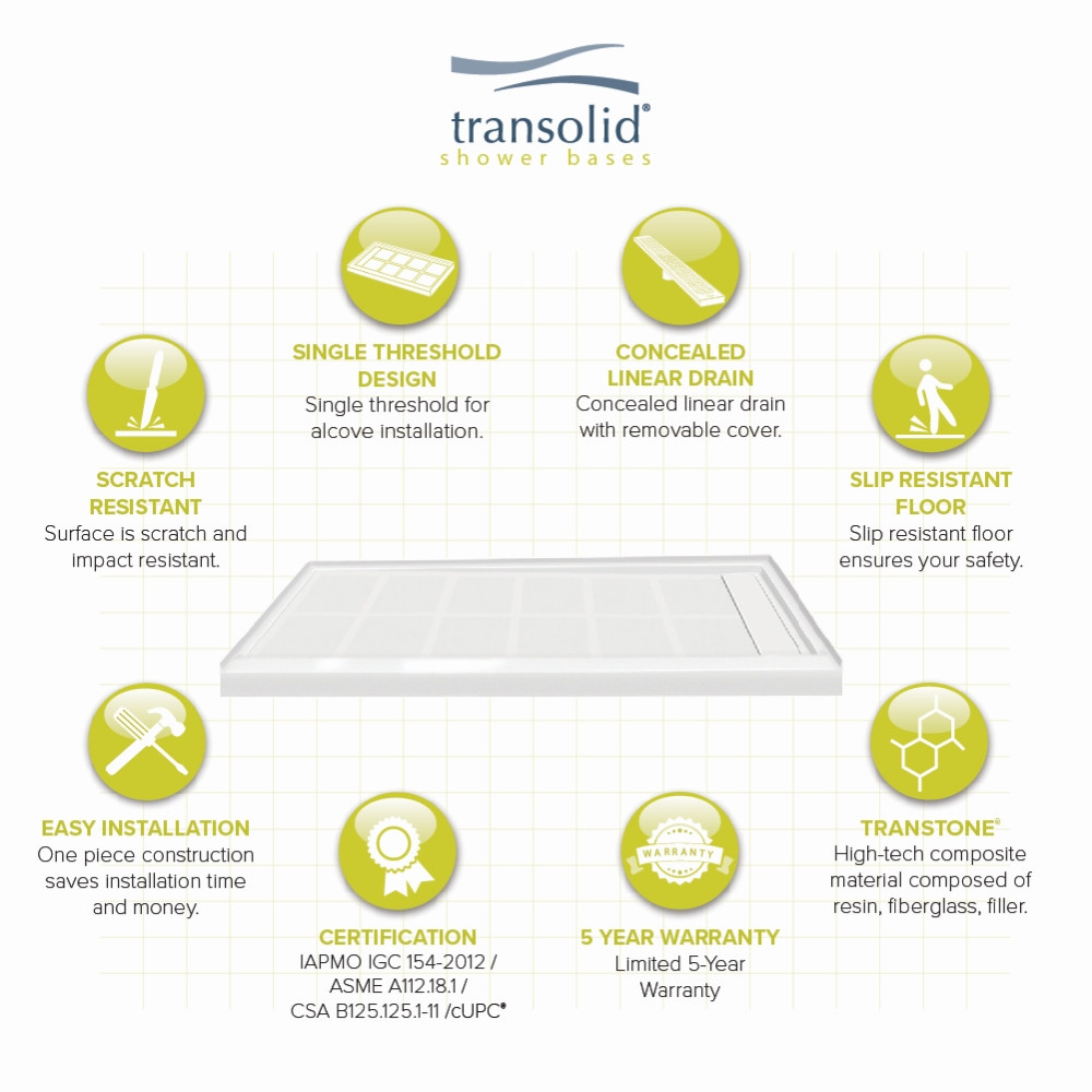 Transolid Linear FL6036R-31 60-in x 36-in Rectangular Alcove Shower Base with Right Hand Drain in White