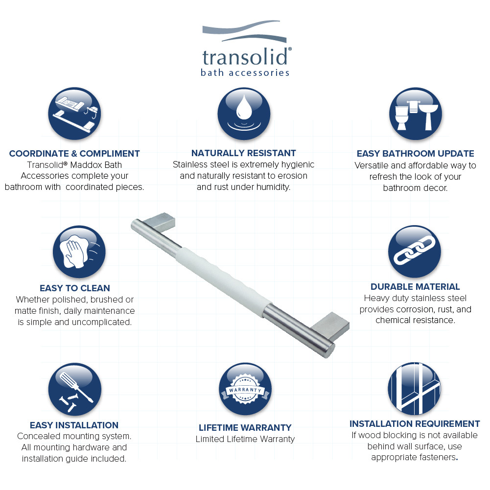 12-inch Grab Bar with White Rubber Handle, In Brushed Stainless