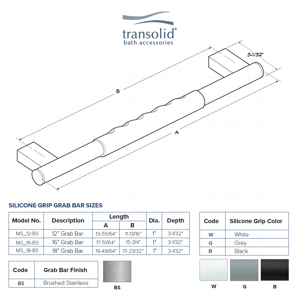18-inch Grab Bar with White Rubber Handle, In Brushed Stainless