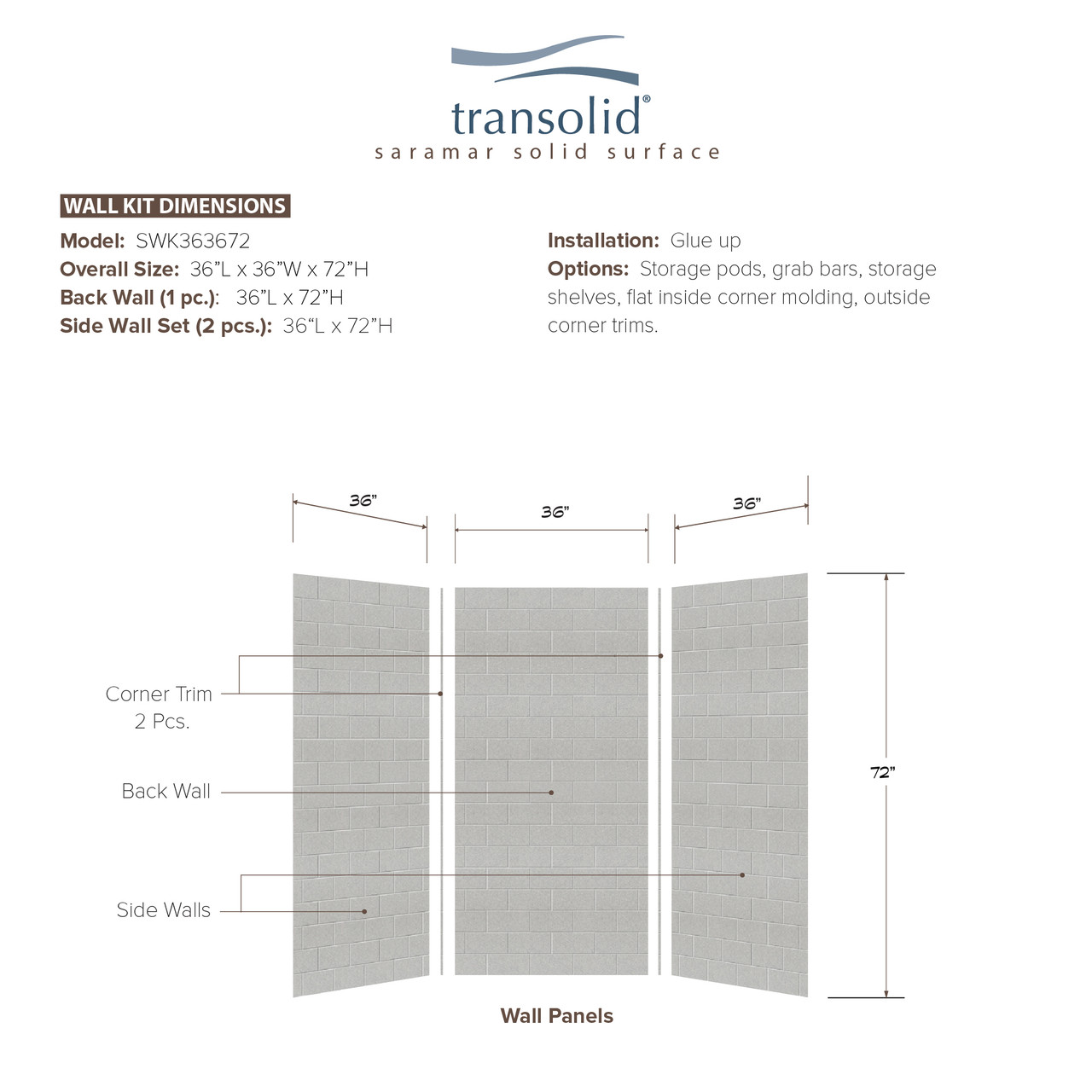 36-In X 36-In X 72-In 3-Piece Shower Wall Trimmable Kit, In Grey Beach