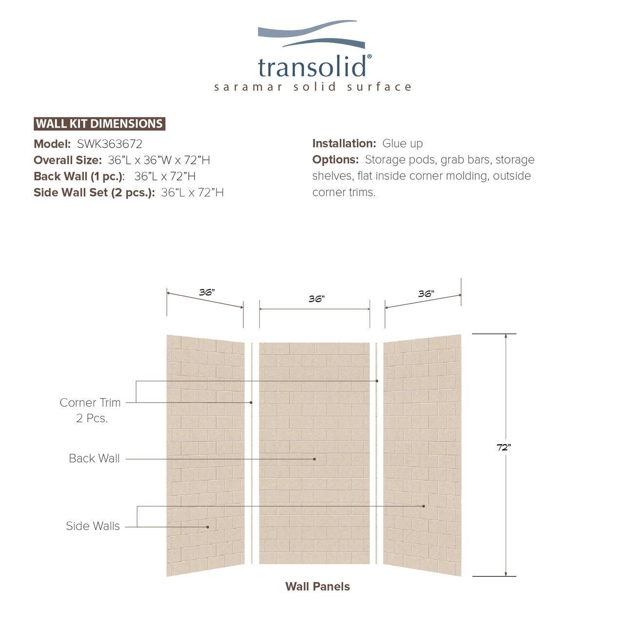 36-In X 36-In X 72-In 3-Piece Shower Wall Trimmable Kit, In Cashew