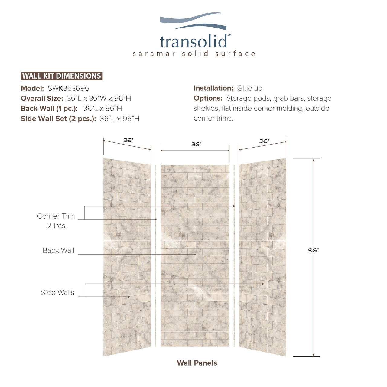 36-In X 36-In X 96-In 3-Piece Shower Wall Trimmable Kit, In Sand Creme