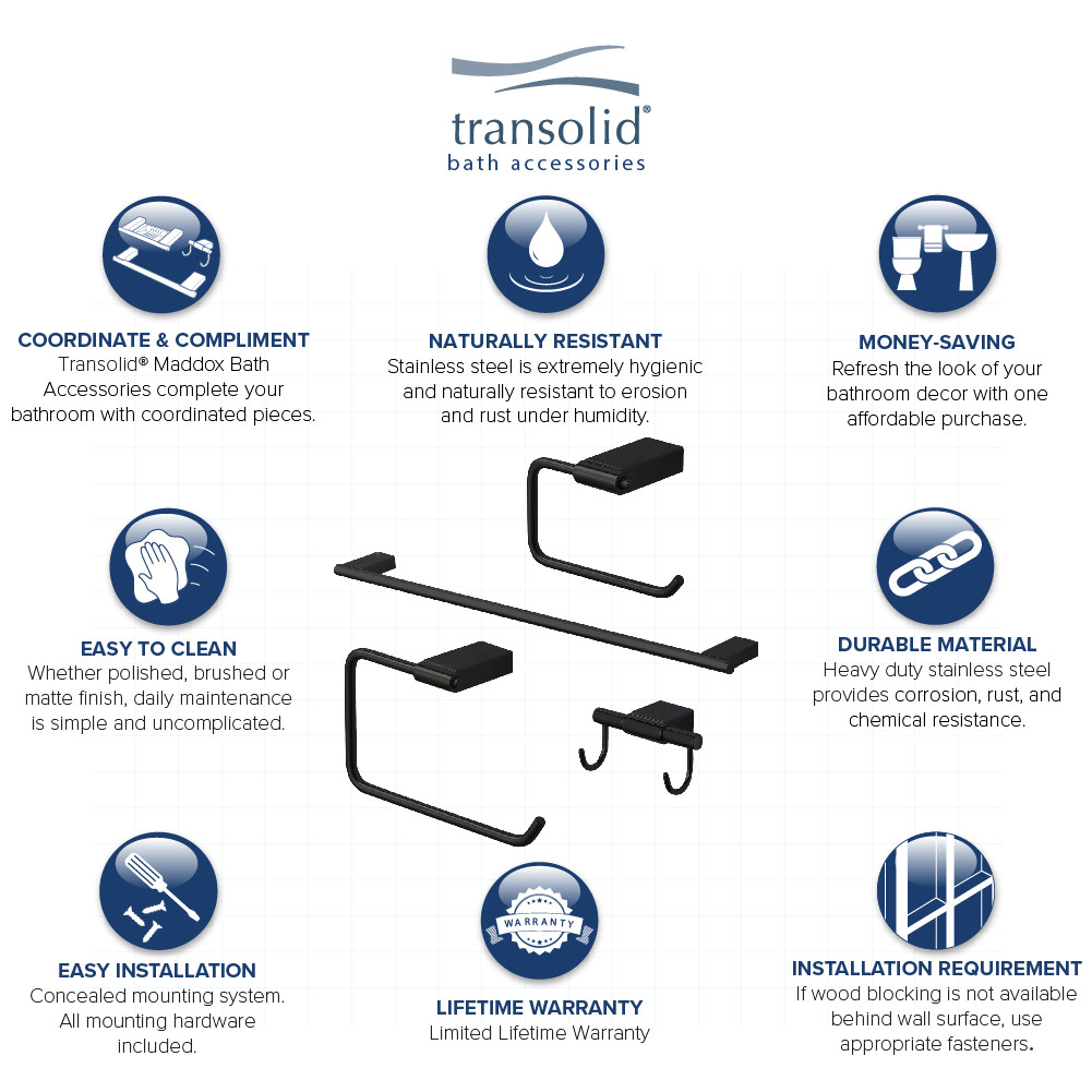 4-Piece Bathroom Accessory Kit Including a robe hook, a toilet paper holder, a towel ring, and a 24-in towel bar, in Black