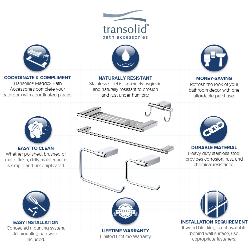 5-Piece Bathroom Accessory Kit Including a robe hook, a toilet paper holder, a towel ring, a 24-in towel bar, and a 16-in shelf with soap dish, in Polished Chrome