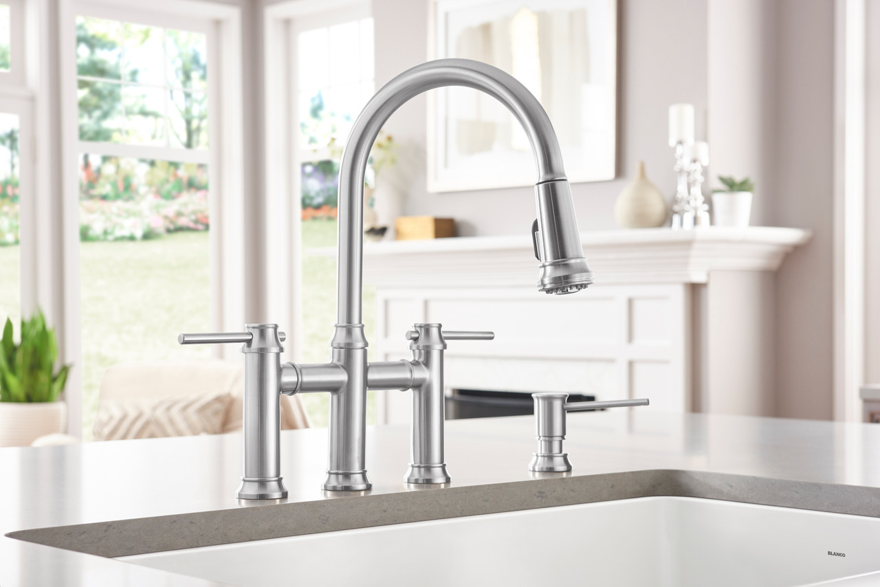 KF-442505 Empressa Pull-Down Bridge Kitchen Faucet with Soap Dispenser in Stainless KF-442505 Empressa Pull-Down Bridge Kitchen Faucet with Soap Dispenser in Stainless