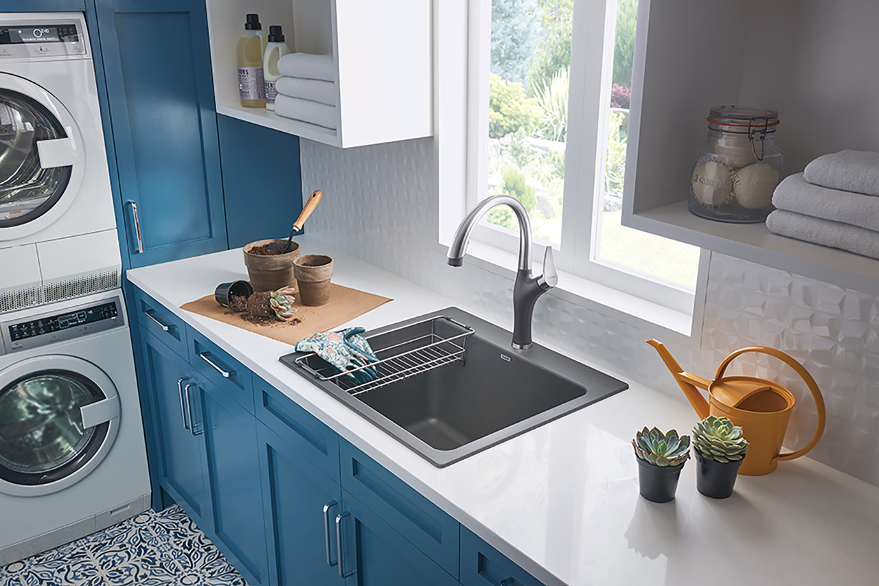 KFA-401923 22-in X 25-in Liven Granite Laundry Sink with Pull-Down Faucet, Basket, and Strainer in Cinder KFA-401923 22-in X 25-in Liven Granite Laundry Sink with Pull-Down Faucet, Basket, and Strainer in Cinder