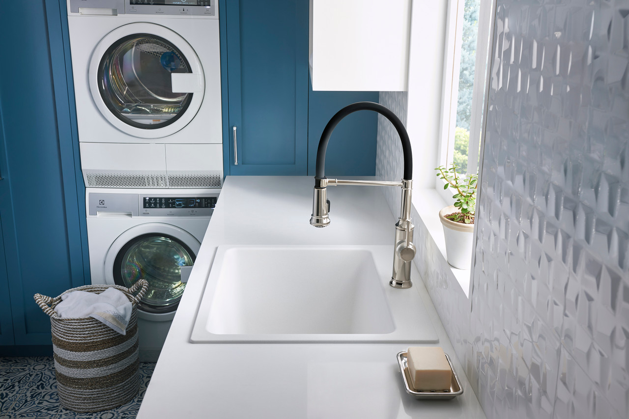 Blanco KFA-401927 22-in X 25-in Liven Granite Laundry Sink with Pull-Down Faucet, Basket, and Strainer in White