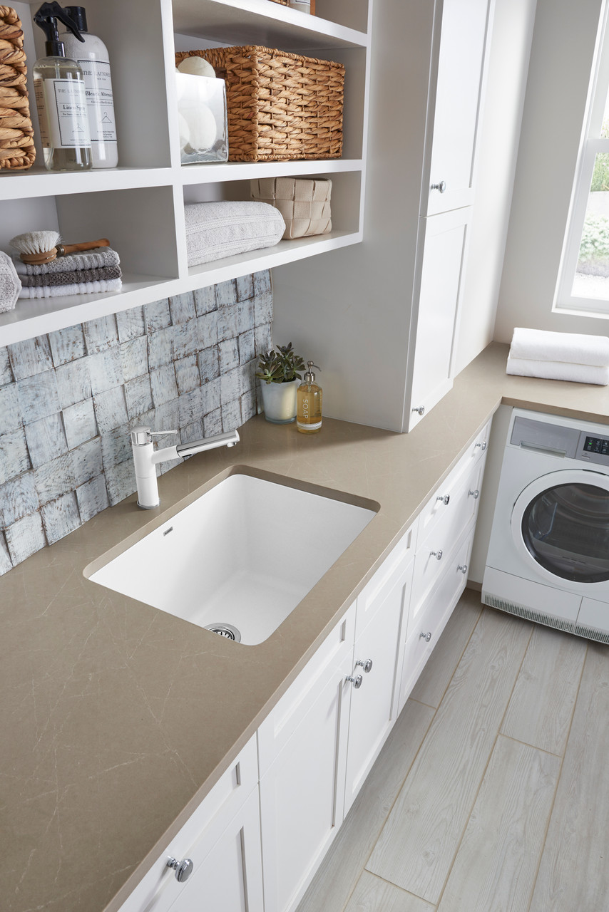 KFA-401927 22-in X 25-in Liven Granite Laundry Sink with Pull-Down Faucet, Basket, and Strainer in White KFA-401927 22-in X 25-in Liven Granite Laundry Sink with Pull-Down Faucet, Basket, and Strainer in White