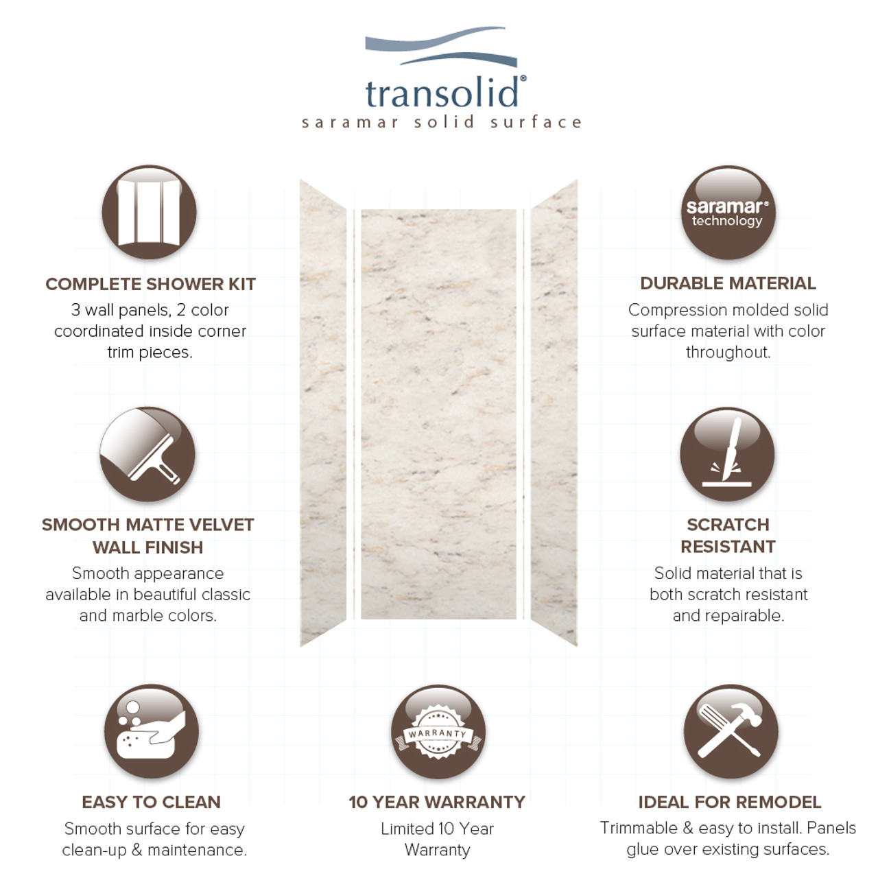 Transolid SWK363696-48V SaraMar 36-in x 36-in x 96-in Glue to Wall 3-Piece Shower Wall Trimmable Kit, Biscotti Marble Velvet