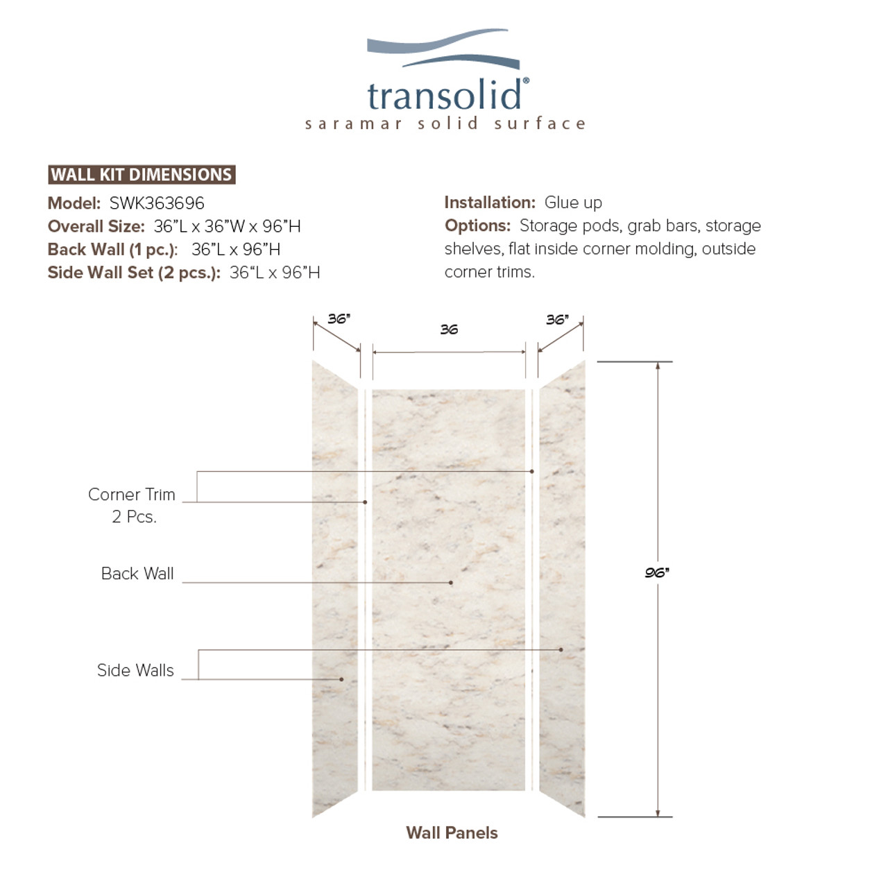 Transolid SWK363696-48V SaraMar 36-in x 36-in x 96-in Glue to Wall 3-Piece Shower Wall Trimmable Kit, Biscotti Marble Velvet