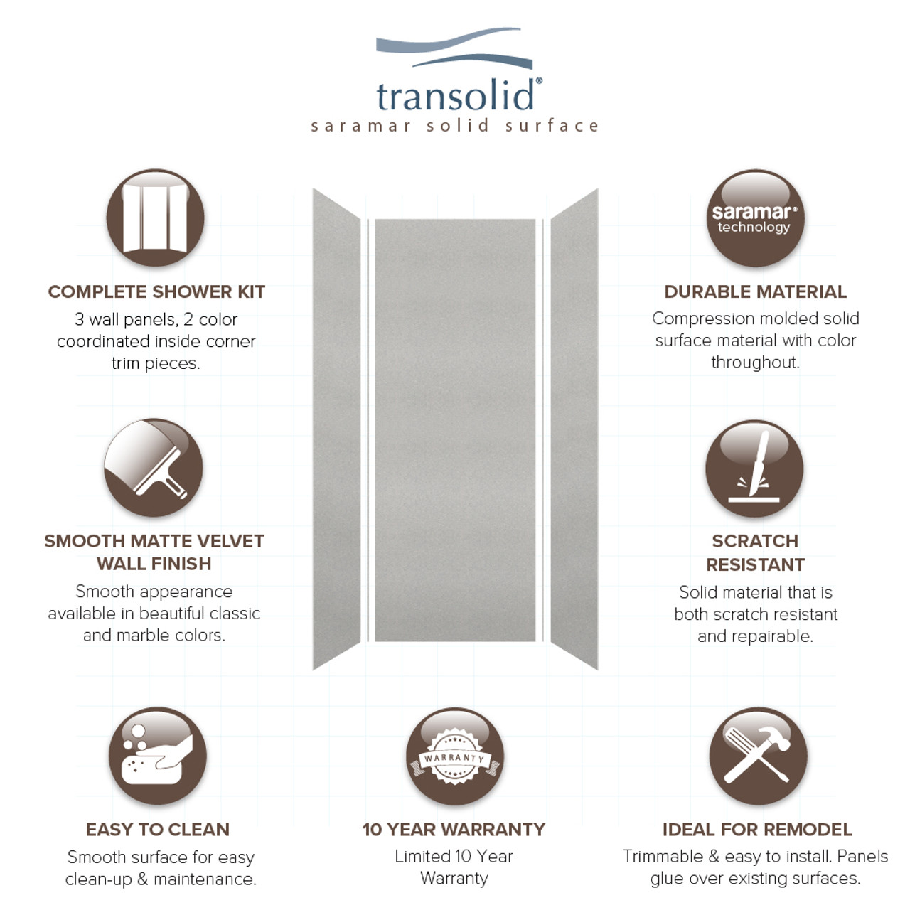 Transolid SWK363696-27V SaraMar 36-in x 36-in x 96-in Glue to Wall 3-Piece Shower Wall Trimmable Kit, Grey Beach Velvet