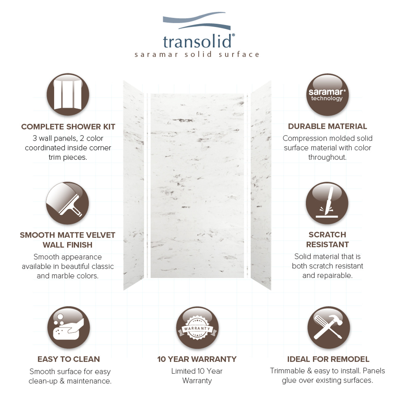 Transolid SWK483696-47V SaraMar 48-in x 36-in x 96-in Glue to Wall 3-Piece Shower Wall Trimmable Kit, White Venito Velvet