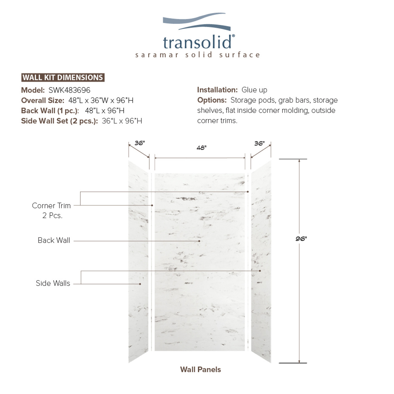 Transolid SWK483696-47V SaraMar 48-in x 36-in x 96-in Glue to Wall 3-Piece Shower Wall Trimmable Kit, White Venito Velvet