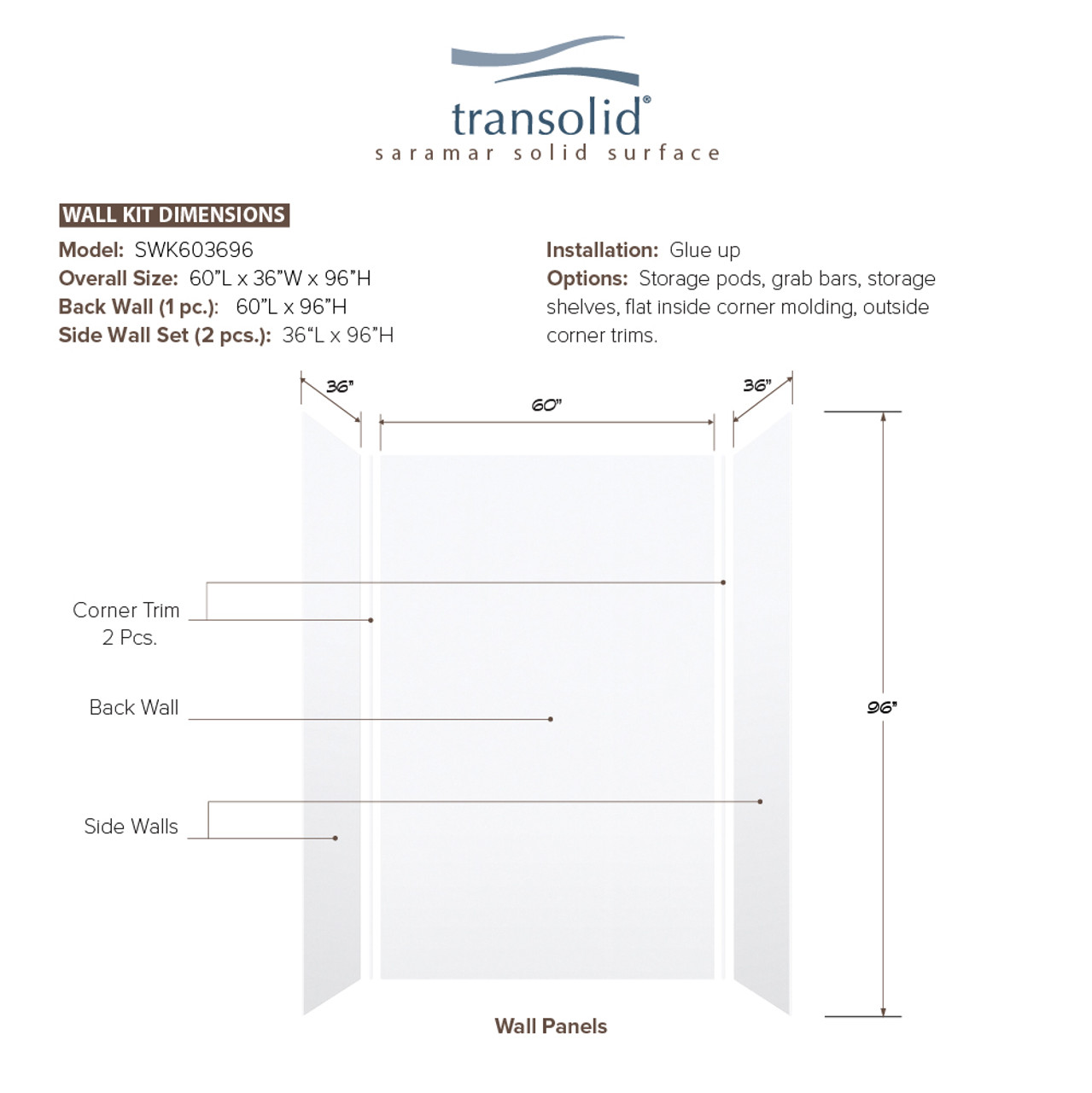 Transolid SWK603696-21V SaraMar 60-in x 36-in x 96-in Glue to Wall 3-Piece Shower Wall Trimmable Kit, White Velvet