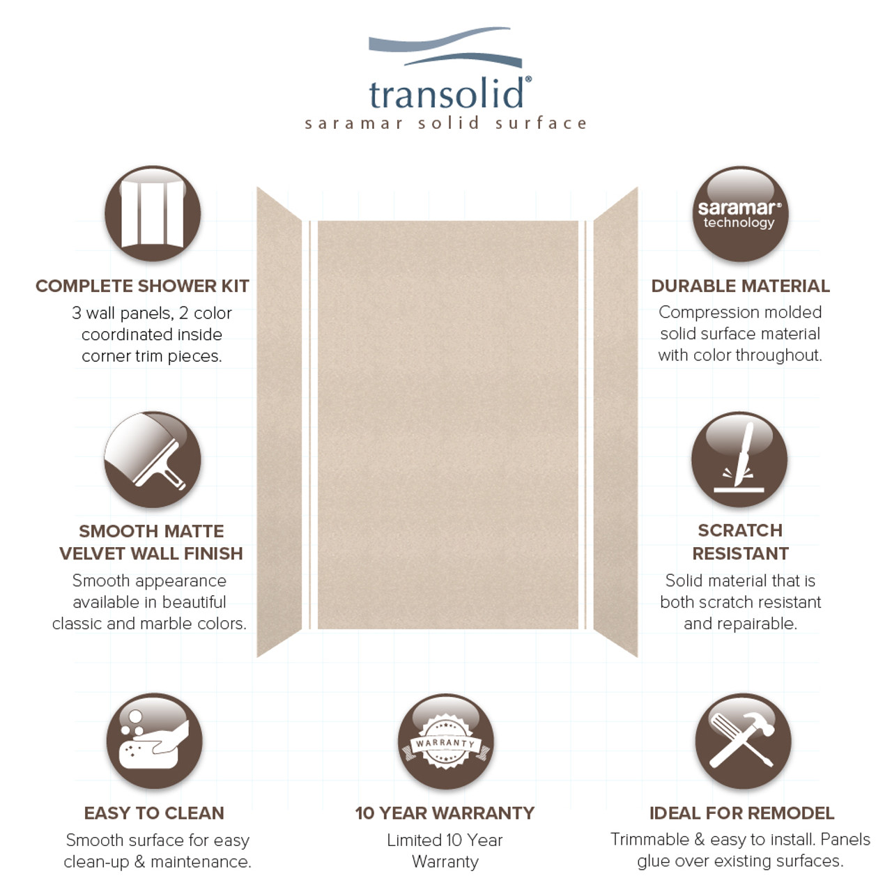 Transolid SWK603696-28V SaraMar 60-in x 36-in x 96-in Glue to Wall 3-Piece Shower Wall Trimmable Kit, Cashew Velvet