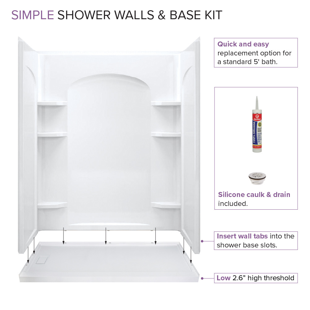 Shower kit with back wall, two end walls, and a shower base with a left-hand drain