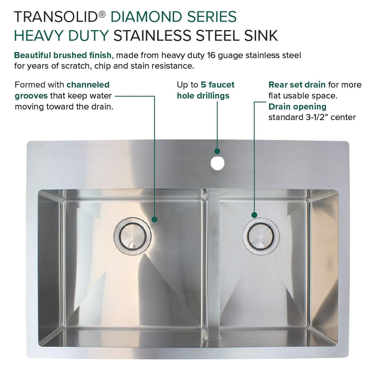 Transolid KKM-DTDO332210-FR2 Diamond Sink Kit with 60/40 Double Bowls, Micro Dual Mount Installation, 2 Pre-Drilled Holes, Magnetic Accessories Kit, and Drain Kit