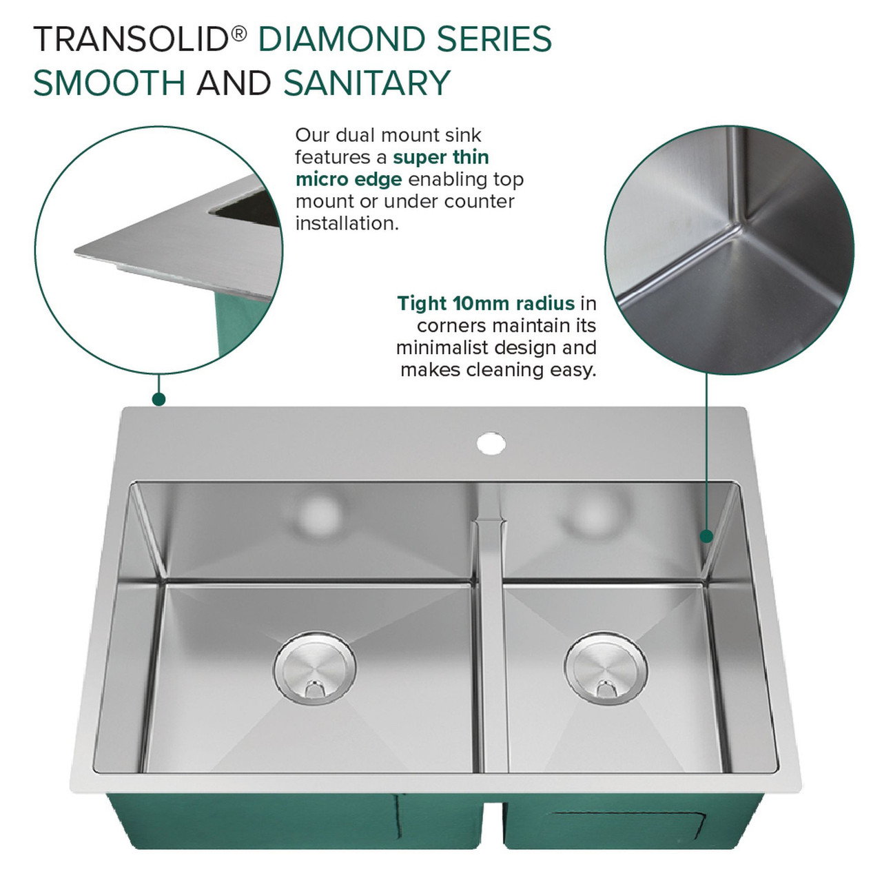 KKM-DTDO332210-FR2 Diamond Sink Kit with 60/40 Double Bowls, Micro Dual Mount Installation, 2 Pre-Drilled Holes, Magnetic Accessories Kit, and Drain Kit