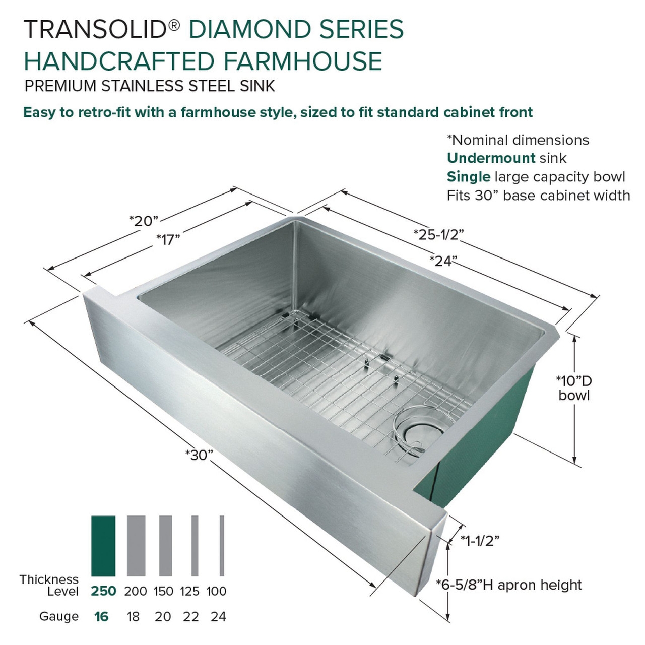 Transolid KKM-DUSSF302010 Diamond Sink Kit with Farmhouse Style Single Bowl, Magnetic Accessories Kit, and Drain Kit