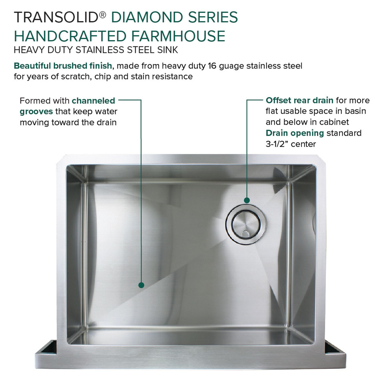 Transolid KKM-DUSSF302010 Diamond Sink Kit with Farmhouse Style Single Bowl, Magnetic Accessories Kit, and Drain Kit