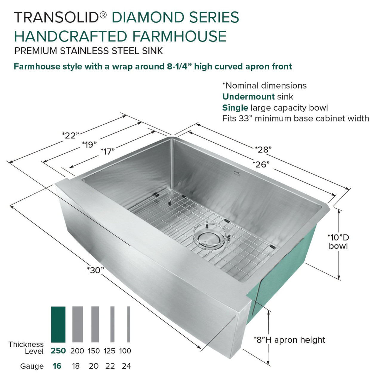 Diamond Sink Kit with Farmhouse Style Single Bowl, Magnetic Accessories Kit, and Drain Kit