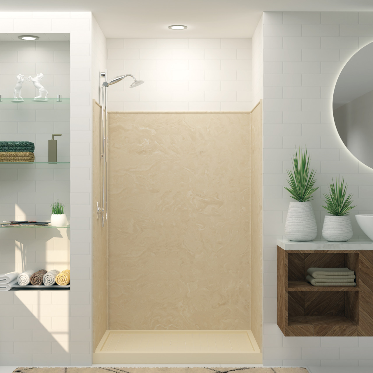 36-in x 48-in x 72-in Solid Surface Glue-Up Shower Wall Trimmable Surround in Almond Sky