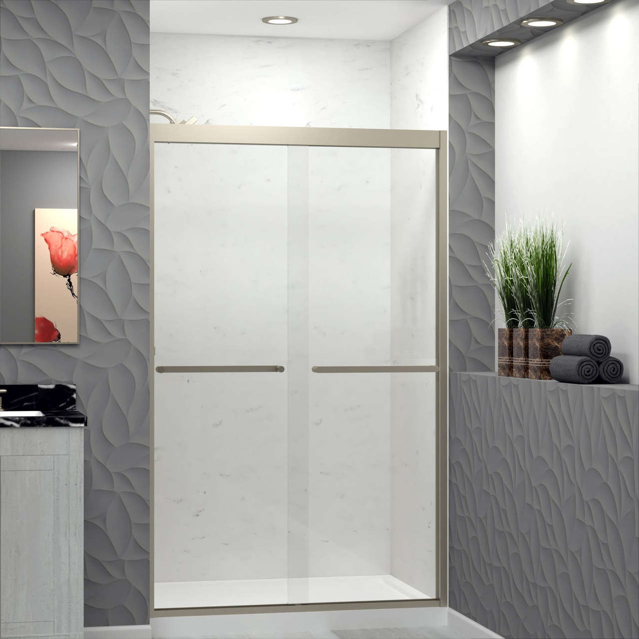 Semi-frameless bypass shower door featuring EXCLUSIVE TruMotion technology in Brushed Stainless frame finish with smooth clear glass texture and contemporary Riley handles 45-3/4-in to 47-in W x 76-in H