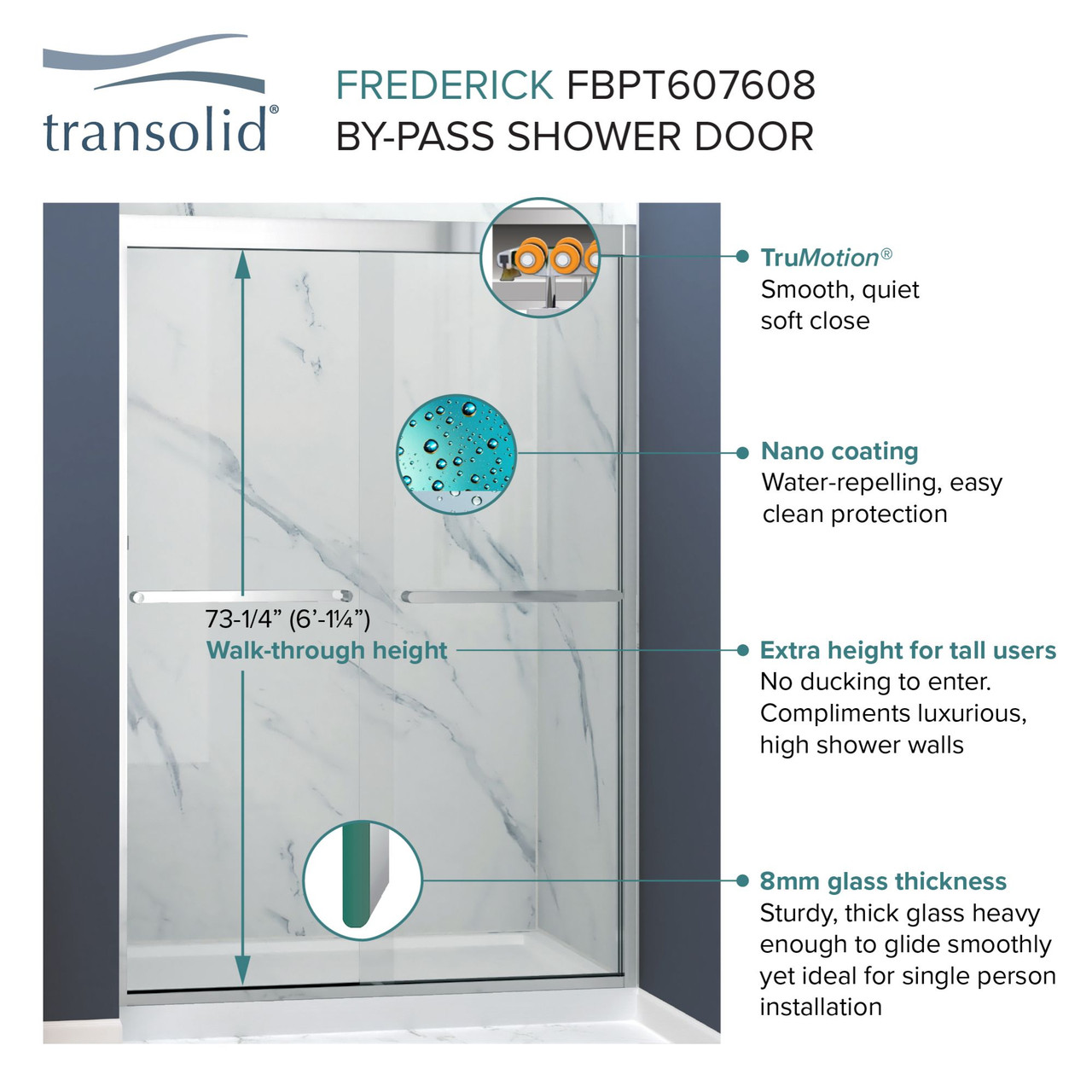 Semi-frameless bypass shower door featuring EXCLUSIVE TruMotion technology in Matte Black frame finish with smooth clear glass texture and contemporary Riley handles 45-3/4-in to 47-in W x 76-in H