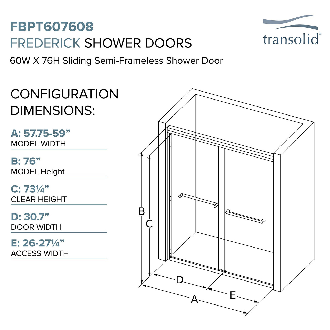 FBPT607608F-J-PC Frederick 57.75-59 in. W x 76 in. H Semi-Frameless Bypass Shower Door in Polished Chrome with Frosted Glass 