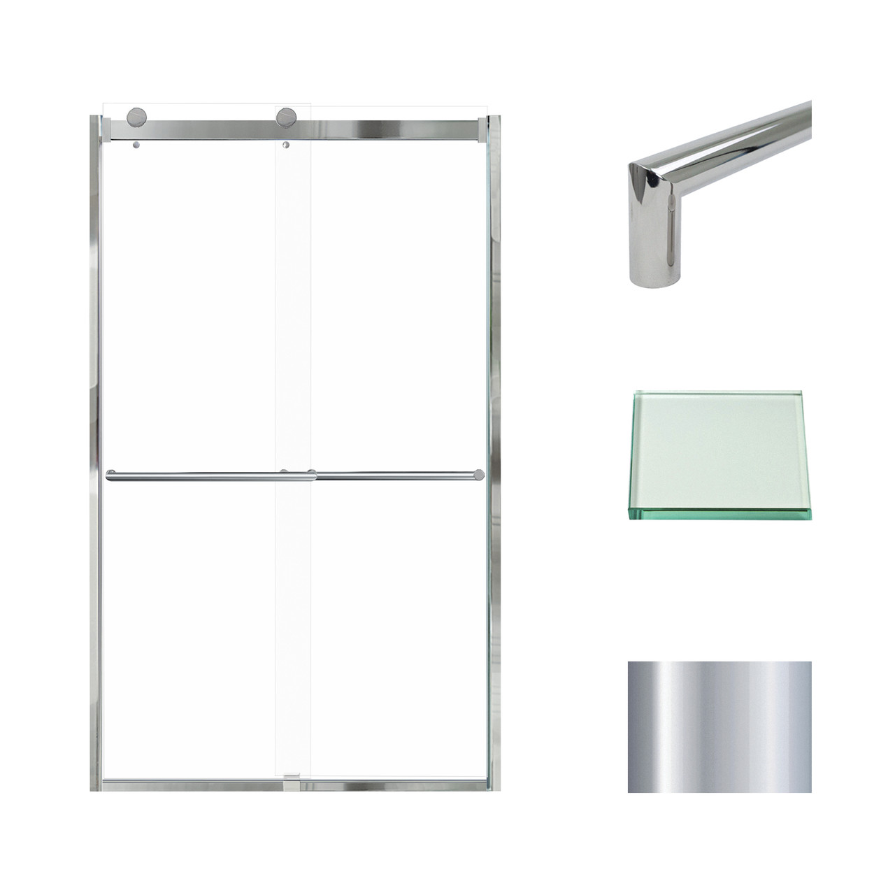 Frameless bypass shower door in polished chrome frame finish with smooth clear glass texture and classic Turin handles 48-in W x 80-in H