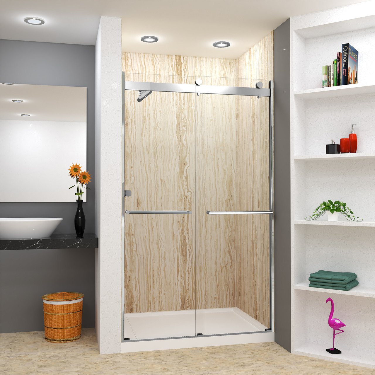 Frameless bypass shower door in polished chrome frame finish with smooth clear glass texture and classic Turin handles 48-in W x 80-in H