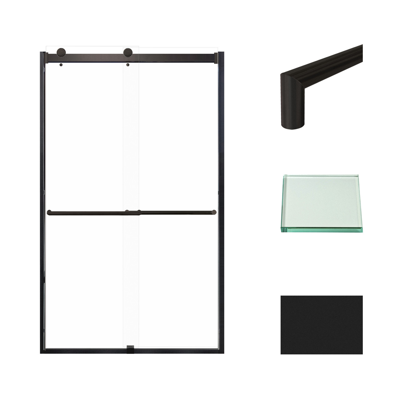 Frameless bypass shower door in matte black frame finish with smooth clear glass texture and classic Turin handles 48-in W x 80-in H