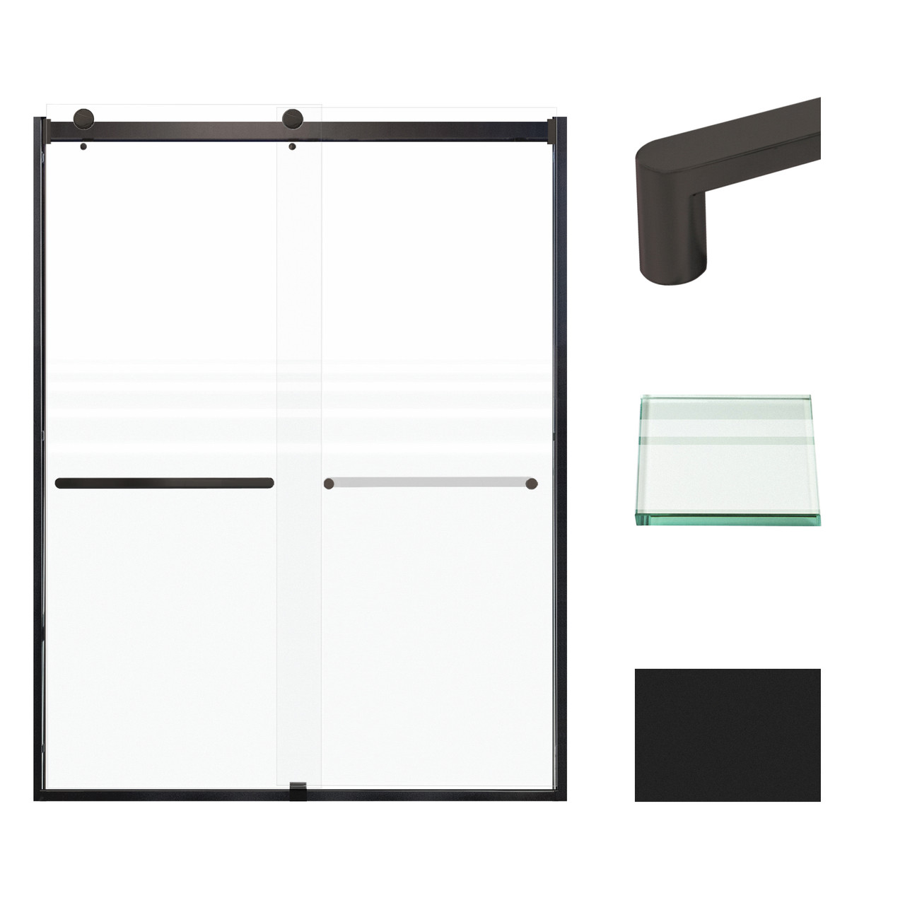 Frameless bypass shower door in matte black frame finish with frosted glass texture and classic Riley handles 60-in W x 80-in H