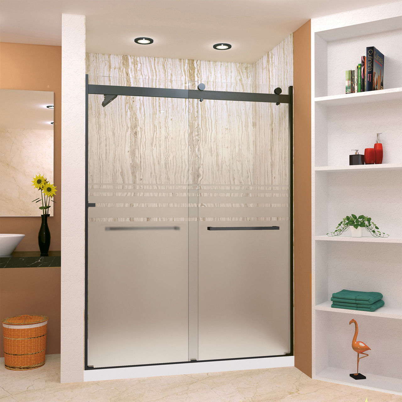 Frameless bypass shower door in matte black frame finish with frosted glass texture and classic Sabrina handles 60-in W x 80-in H