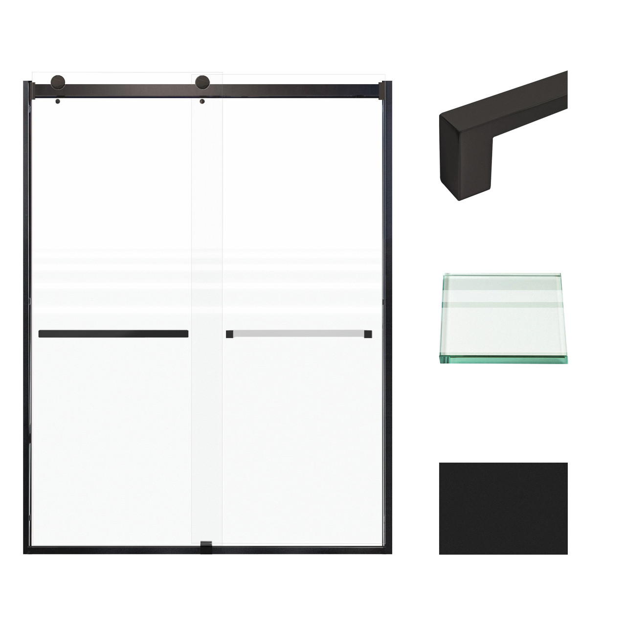 Frameless bypass shower door in matte black frame finish with frosted glass texture and classic Sabrina handles 60-in W x 80-in H