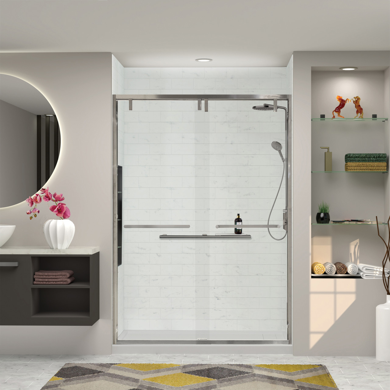 Semi-frameless bypass shower door with a brushed nickel frame and a low iron glass texture with Riley handles 56-60-in W x 80-in H